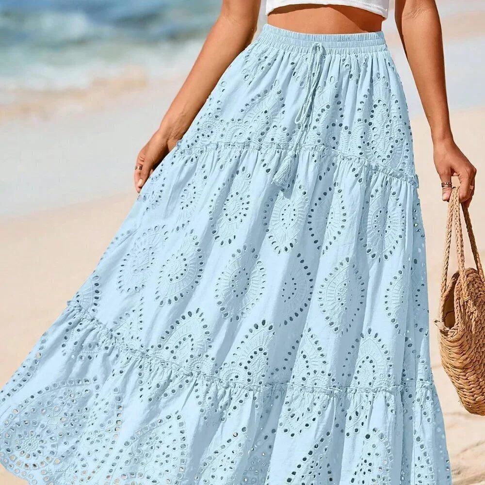 Light Blue Boho Women's Elastic High Waist Tiered A-Line Flowy Maxi Skirt - Picture 4 of 5